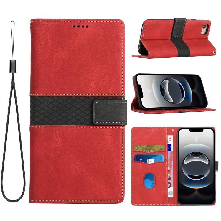 For iPhone 16e Grid Stitching Leather Phone Case with Lanyard(Red) by bashfashion