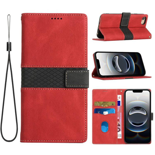 For iPhone 16e Grid Stitching Leather Phone Case with Lanyard(Red) by bashfashion