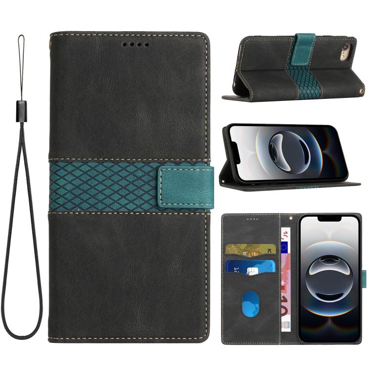 For iPhone 16e Grid Stitching Leather Phone Case with Lanyard(Black) by bashfashion