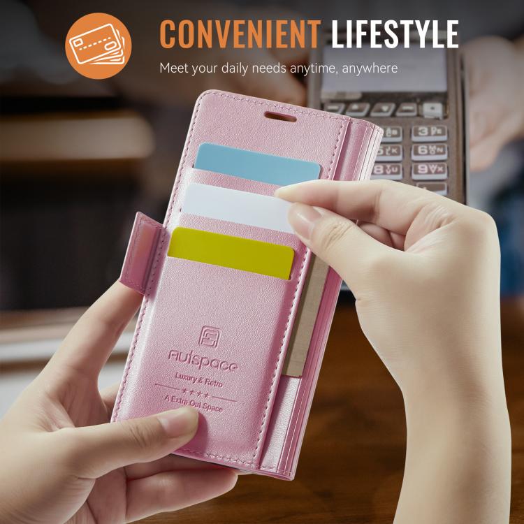 For iPhone 17 AutSpace A11 Side Buckle MagSafe Magnetic RFID Phone Leather Case(Rose Gold) by AutSpace