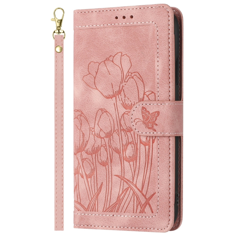 For iPhone 16e Tulips Embossed Leather Phone Case with Lanyard(Pink) by bashfashion