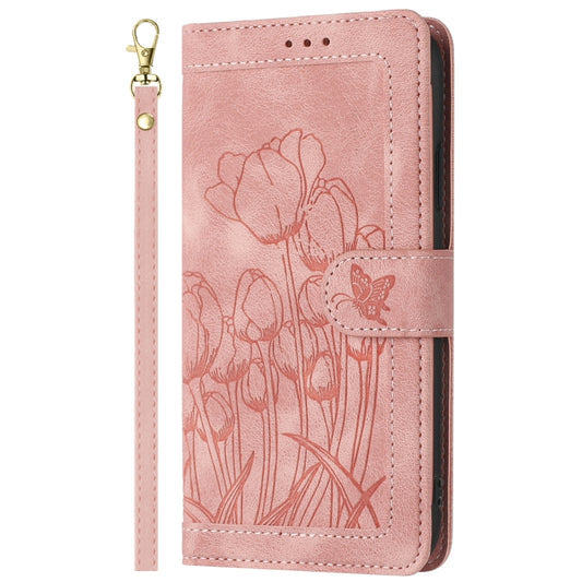 For iPhone 16e Tulips Embossed Leather Phone Case with Lanyard(Pink) by bashfashion