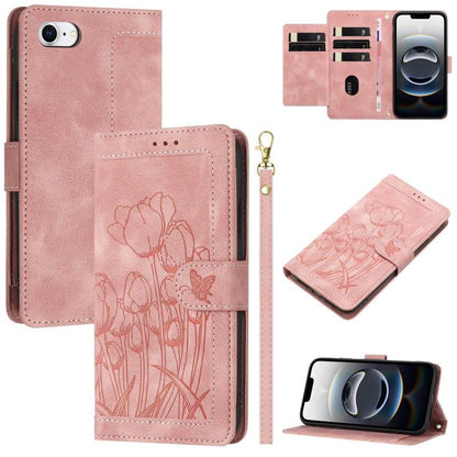 For iPhone 16e Tulips Embossed Leather Phone Case with Lanyard(Pink) by bashfashion