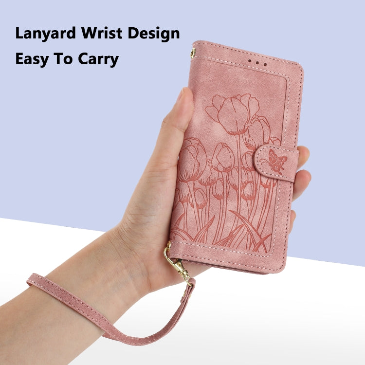 For iPhone 16e Tulips Embossed Leather Phone Case with Lanyard(Pink) by bashfashion