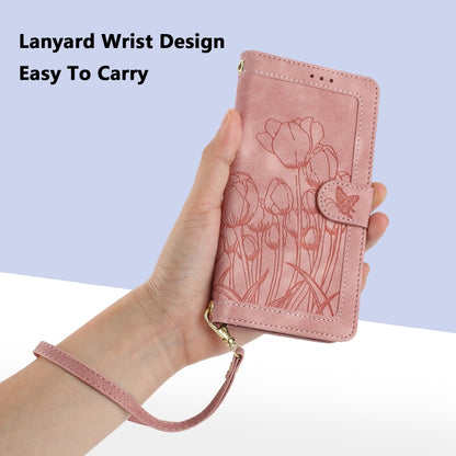 For iPhone 16e Tulips Embossed Leather Phone Case with Lanyard(Pink) by bashfashion