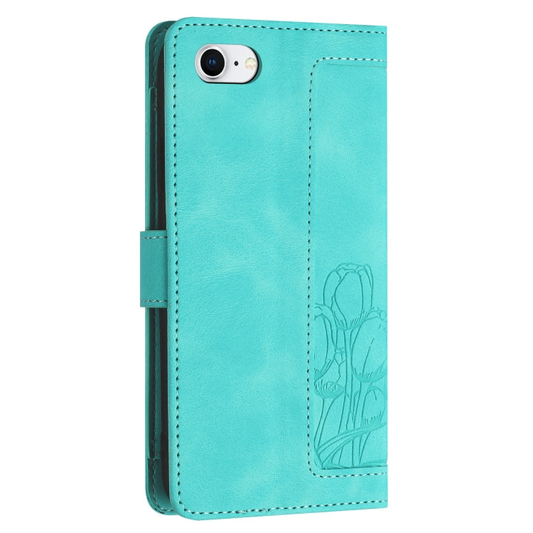 For iPhone 16e Tulips Embossed Leather Phone Case with Lanyard(Green) by bashfashion