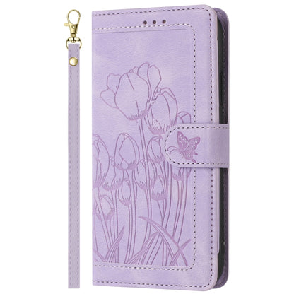 For iPhone 16e Tulips Embossed Leather Phone Case with Lanyard(Purple) by bashfashion