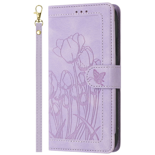 For iPhone 16e Tulips Embossed Leather Phone Case with Lanyard(Purple) by bashfashion