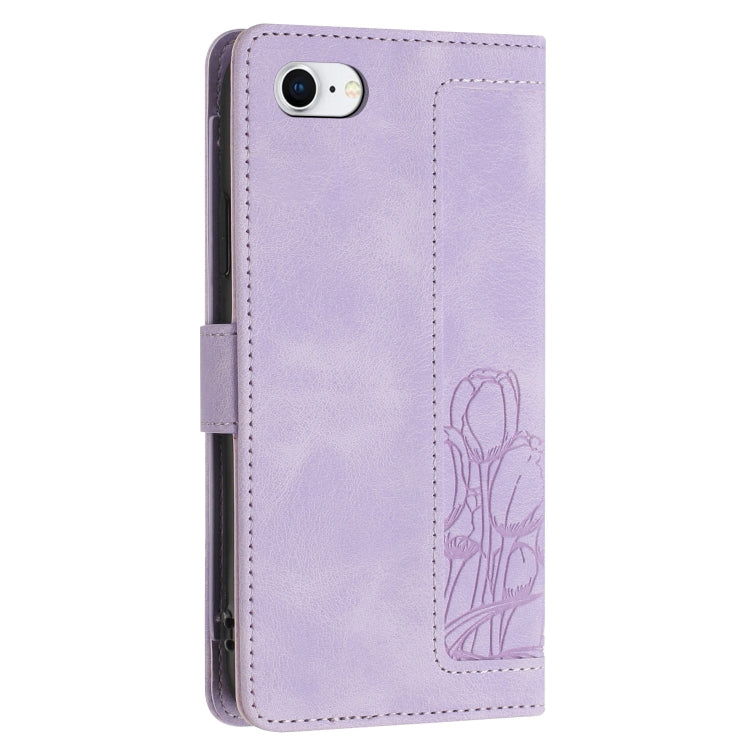 For iPhone 16e Tulips Embossed Leather Phone Case with Lanyard(Purple) by bashfashion