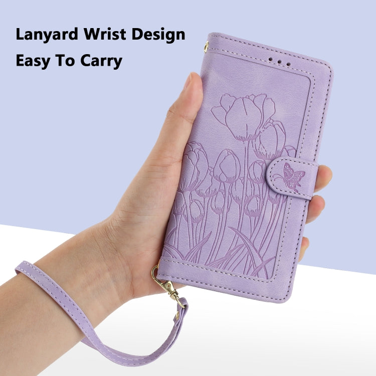 For iPhone 16e Tulips Embossed Leather Phone Case with Lanyard(Purple) by bashfashion