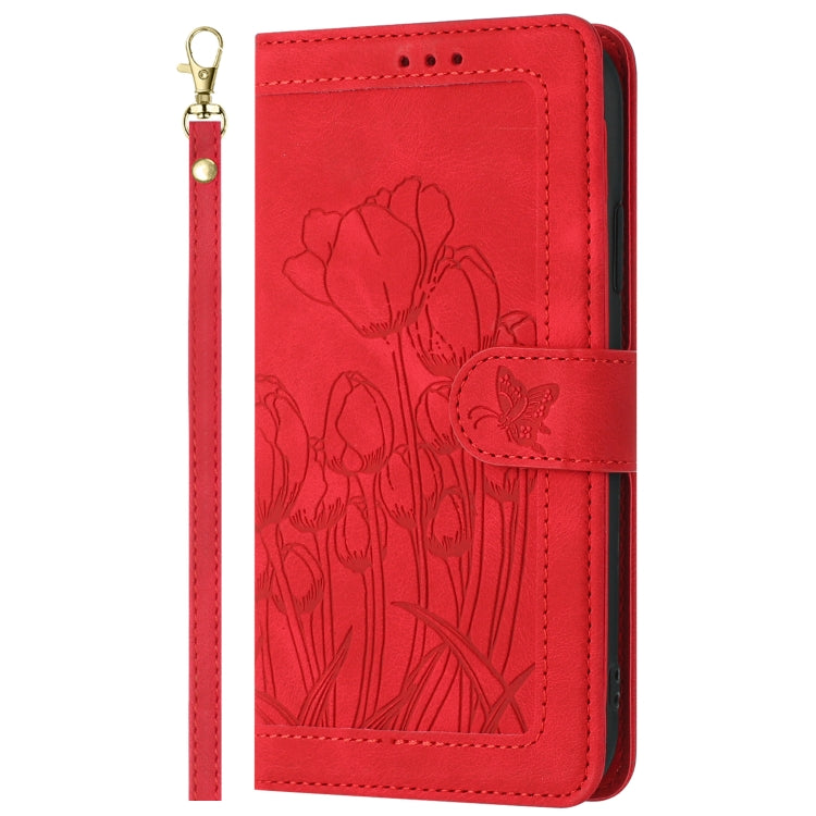 For iPhone 16e Tulips Embossed Leather Phone Case with Lanyard(Red) by bashfashion