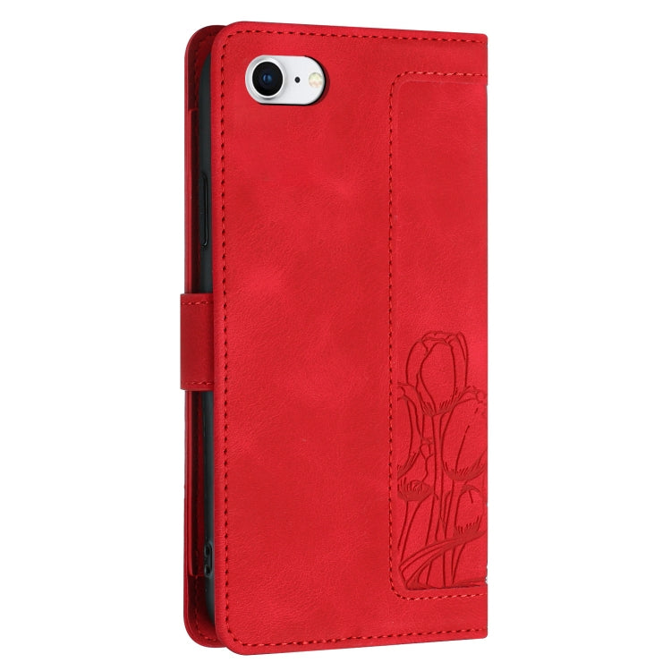 For iPhone 16e Tulips Embossed Leather Phone Case with Lanyard(Red) by bashfashion