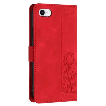 For iPhone 16e Tulips Embossed Leather Phone Case with Lanyard(Red) by bashfashion