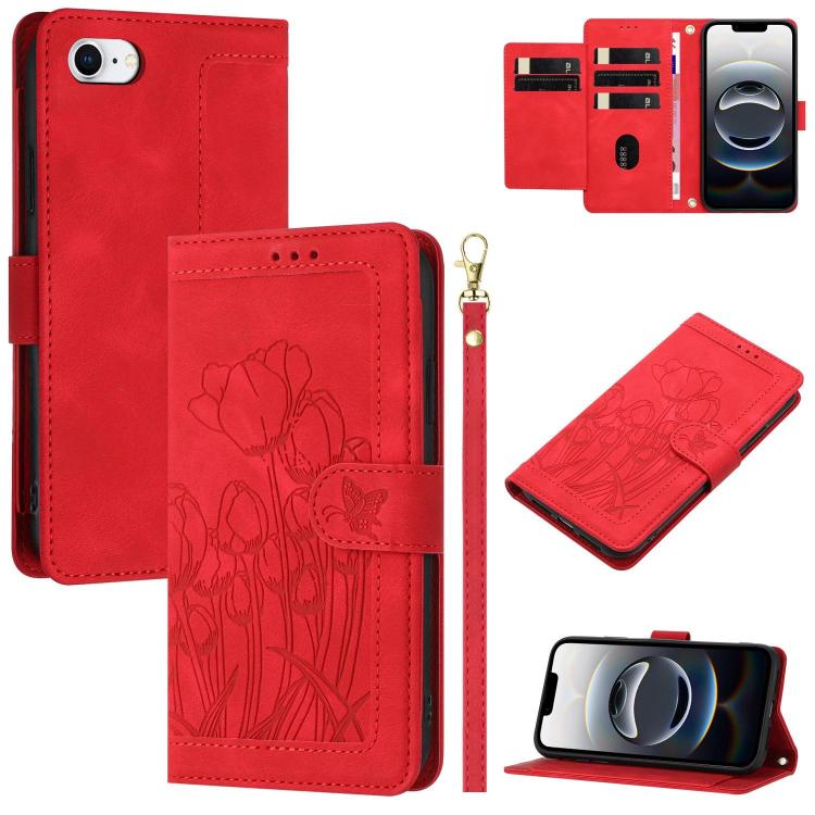 For iPhone 16e Tulips Embossed Leather Phone Case with Lanyard(Red) by bashfashion