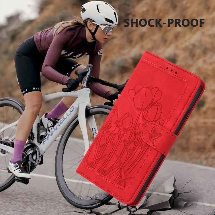 For iPhone 16e Tulips Embossed Leather Phone Case with Lanyard(Red) by bashfashion