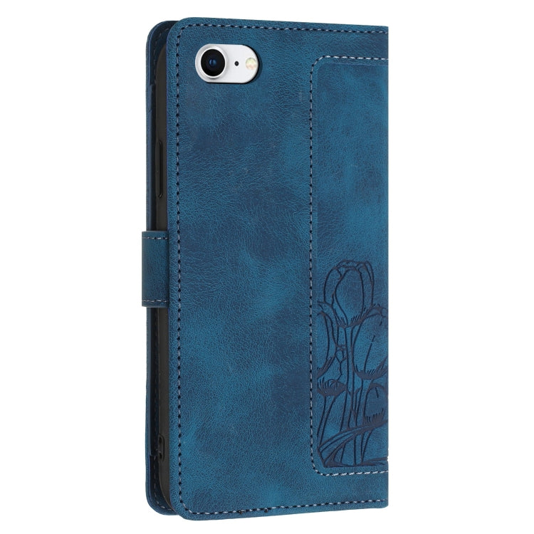For iPhone 16e Tulips Embossed Leather Phone Case with Lanyard(Blue) by bashfashion