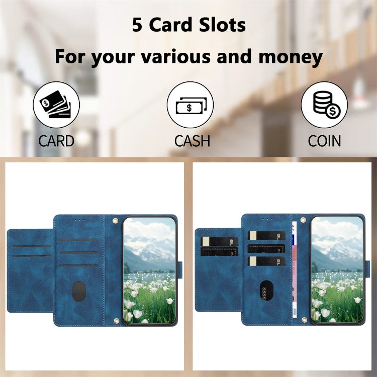 For iPhone 16e Tulips Embossed Leather Phone Case with Lanyard(Blue) by bashfashion