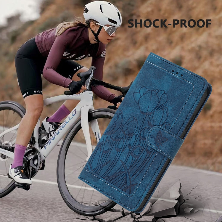 For iPhone 16e Tulips Embossed Leather Phone Case with Lanyard(Blue) by bashfashion