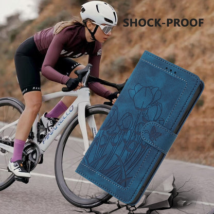 For iPhone 16e Tulips Embossed Leather Phone Case with Lanyard(Blue) by bashfashion