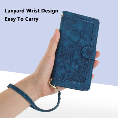 For iPhone 16e Tulips Embossed Leather Phone Case with Lanyard(Blue) by bashfashion