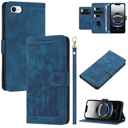 For iPhone 16e Tulips Embossed Leather Phone Case with Lanyard(Blue) by bashfashion