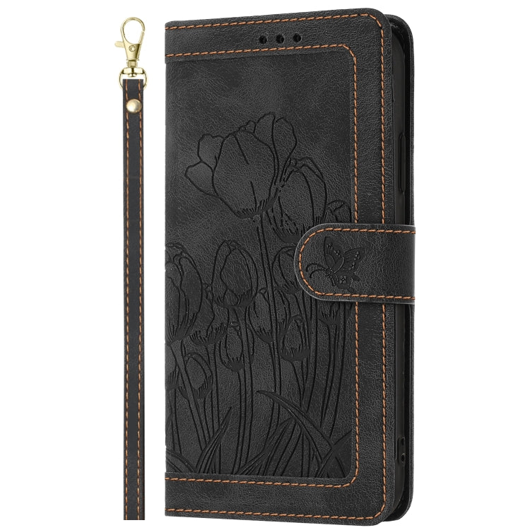 For iPhone 16e Tulips Embossed Leather Phone Case with Lanyard(Black) by bashfashion
