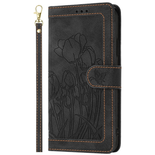 For iPhone 16e Tulips Embossed Leather Phone Case with Lanyard(Black) by bashfashion
