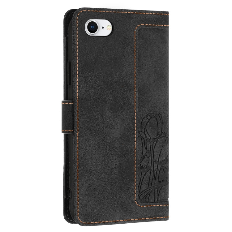 For iPhone 16e Tulips Embossed Leather Phone Case with Lanyard(Black) by bashfashion