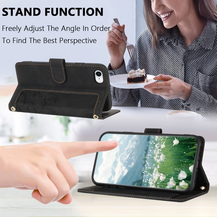 For iPhone 16e Tulips Embossed Leather Phone Case with Lanyard(Black) by bashfashion