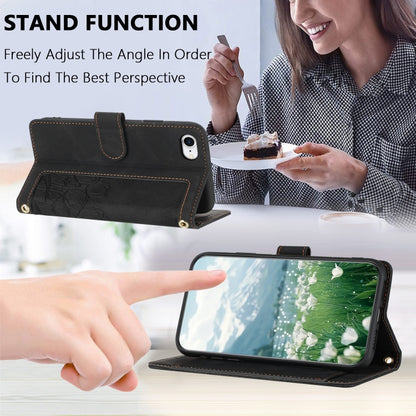 For iPhone 16e Tulips Embossed Leather Phone Case with Lanyard(Black) by bashfashion