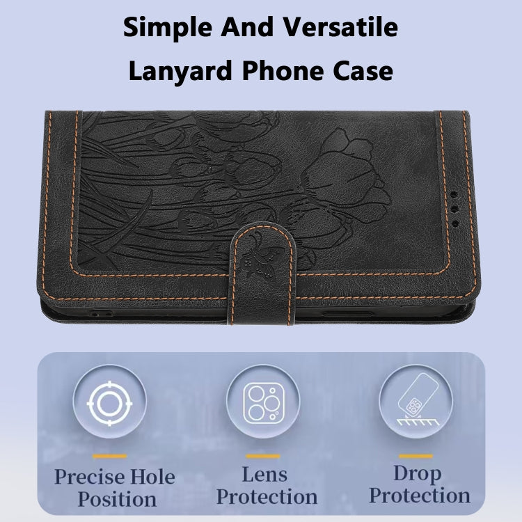 For iPhone 16e Tulips Embossed Leather Phone Case with Lanyard(Black) by bashfashion