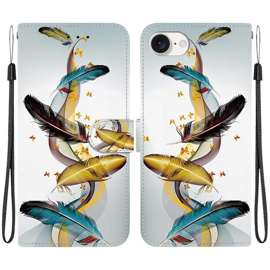 For iPhone 16e Crystal Texture Colored Drawing Leather Phone Case(Gold Butterfly Feathers) by bashfashion