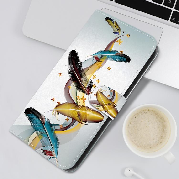 For iPhone 16e Crystal Texture Colored Drawing Leather Phone Case(Gold Butterfly Feathers) by bashfashion