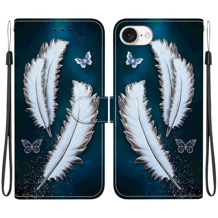 For iPhone 16e Crystal Texture Colored Drawing Leather Phone Case(White Butterfly Feathers) by bashfashion