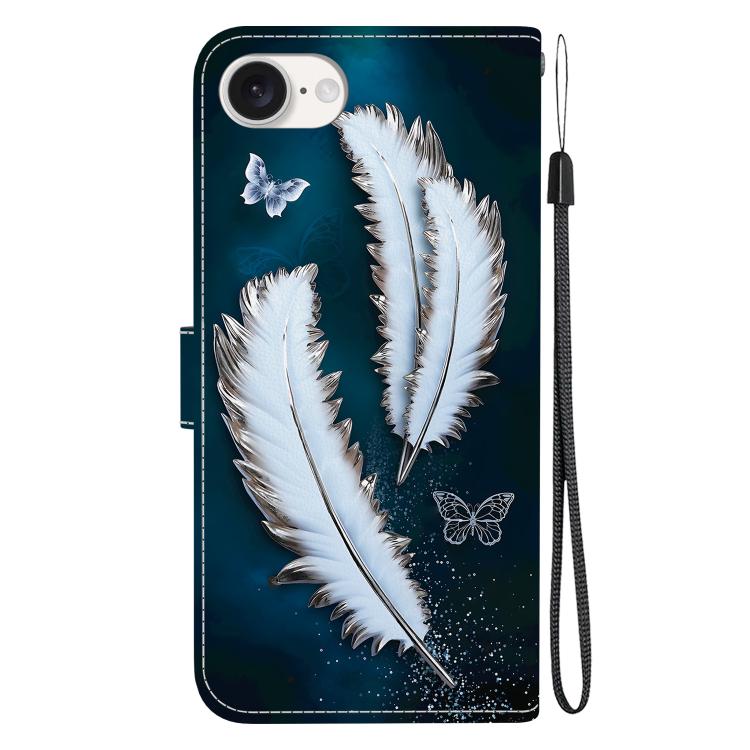 For iPhone 16e Crystal Texture Colored Drawing Leather Phone Case(White Butterfly Feathers) by bashfashion
