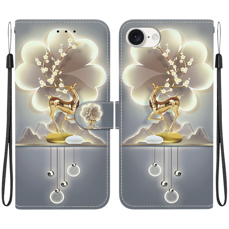 For iPhone 16e Crystal Texture Colored Drawing Leather Phone Case(Sika Deer) by bashfashion