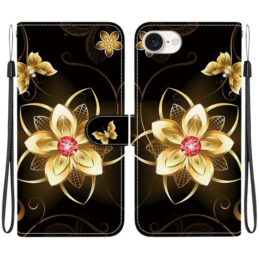 For iPhone 16e Crystal Texture Colored Drawing Leather Phone Case(Gold Flower) by bashfashion