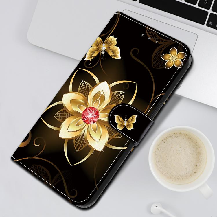 For iPhone 16e Crystal Texture Colored Drawing Leather Phone Case(Gold Flower) by bashfashion