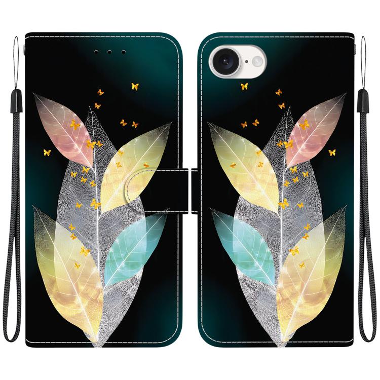 For iPhone 16e Crystal Texture Colored Drawing Leather Phone Case(Colored Leaves) by bashfashion