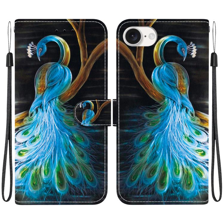 For iPhone 16e Crystal Texture Colored Drawing Leather Phone Case(Peacock) by bashfashion