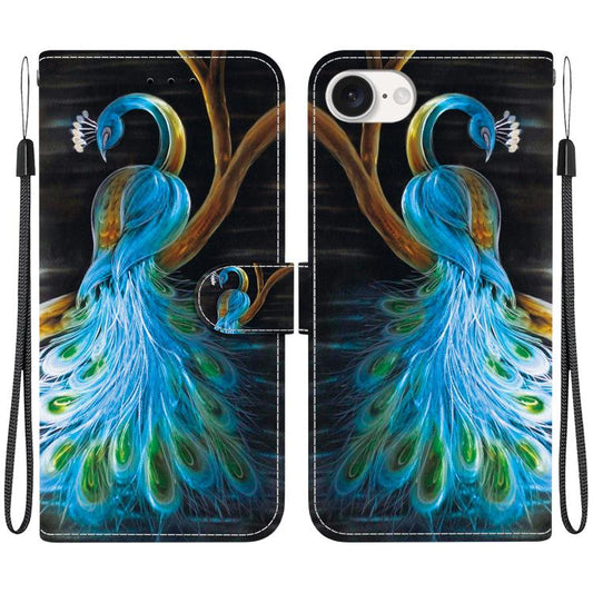 For iPhone 16e Crystal Texture Colored Drawing Leather Phone Case(Peacock) by bashfashion