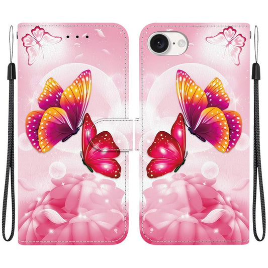 For iPhone 16e Crystal Texture Colored Drawing Leather Phone Case(Pink Butterflies) by bashfashion