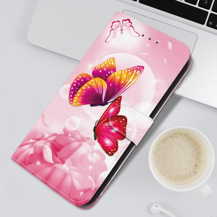 For iPhone 16e Crystal Texture Colored Drawing Leather Phone Case(Pink Butterflies) by bashfashion
