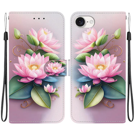 For iPhone 16e Crystal Texture Colored Drawing Leather Phone Case(Lotus) by bashfashion