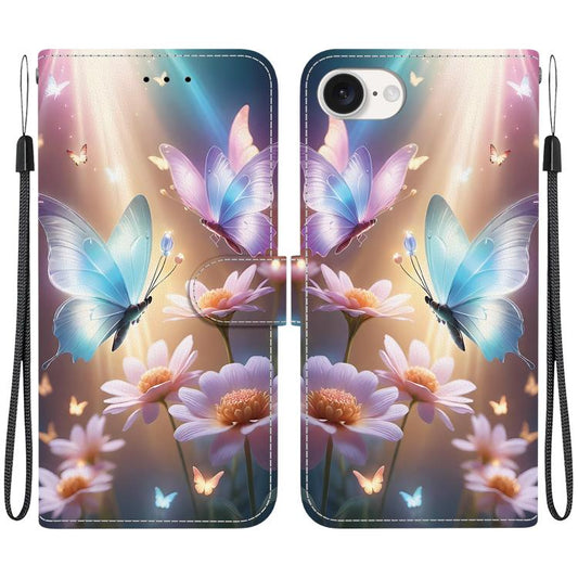 For iPhone 16e Crystal Texture Colored Drawing Leather Phone Case(Butterfly Love Flower) by bashfashion