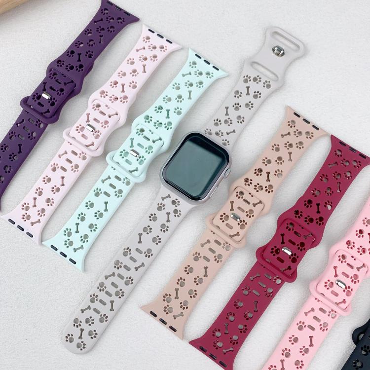 For Apple Watch 46mm / 49mm / 45mm / 44mm Dog Paw Bones Butterfly Buckle Silicone Watch Band(Rose Red) by bashfashion
