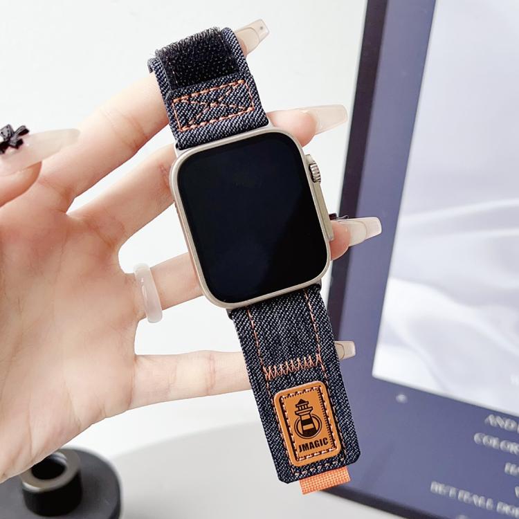 For Apple Watch 46mm / 49mm / 45mm / 44mm Denim Nylon Hook and Loop Fastener Canvas Watch Band(Dark Blue) by bashfashion