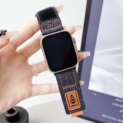 For Apple Watch 42mm / 41mm / 40mm / 38mm Denim Nylon Hook and Loop Fastener Canvas Watch Band(Dark Blue) by bashfashion