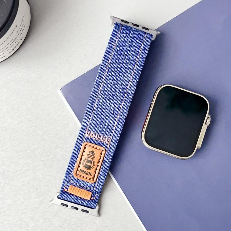 For Apple Watch 46mm / 49mm / 45mm / 44mm Denim Nylon Hook and Loop Fastener Canvas Watch Band(Dark Blue) by bashfashion