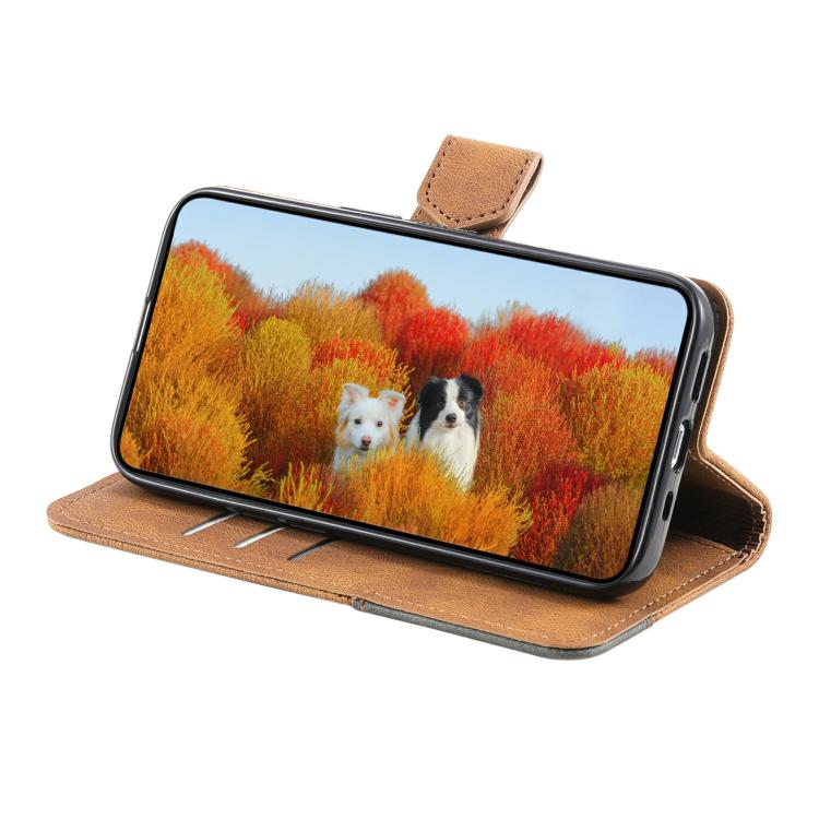 For iPhone 16e TTUDRCH Embossed Line Splicing Leather Phone Case(Brown) by bashfashion